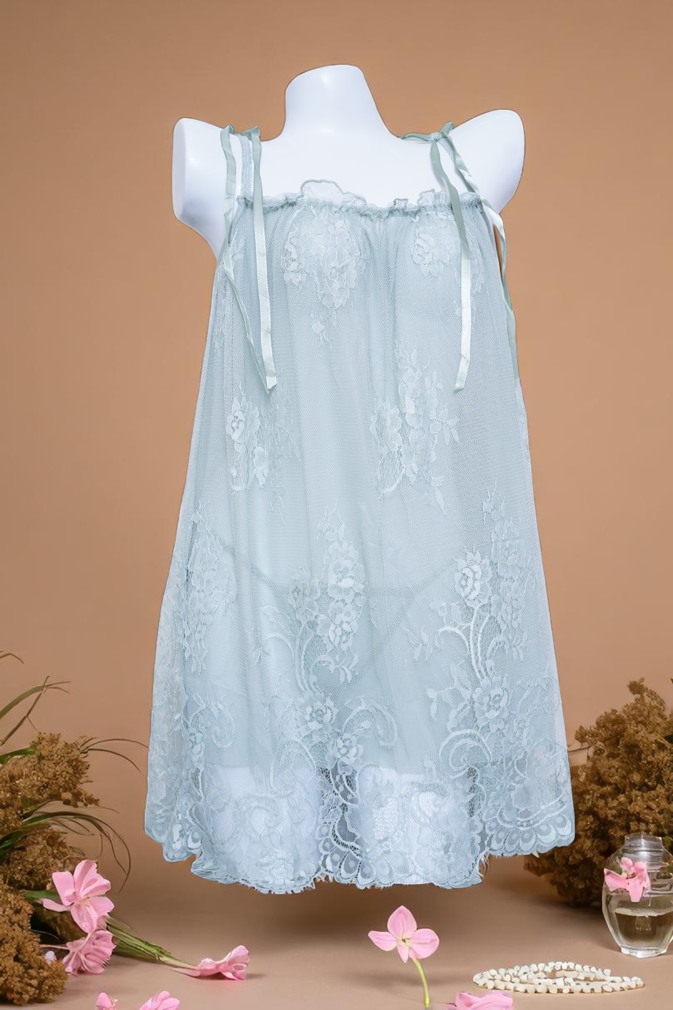 Sheer Mint Green Lace Babydoll Nightgown with Tie Straps - Image 2