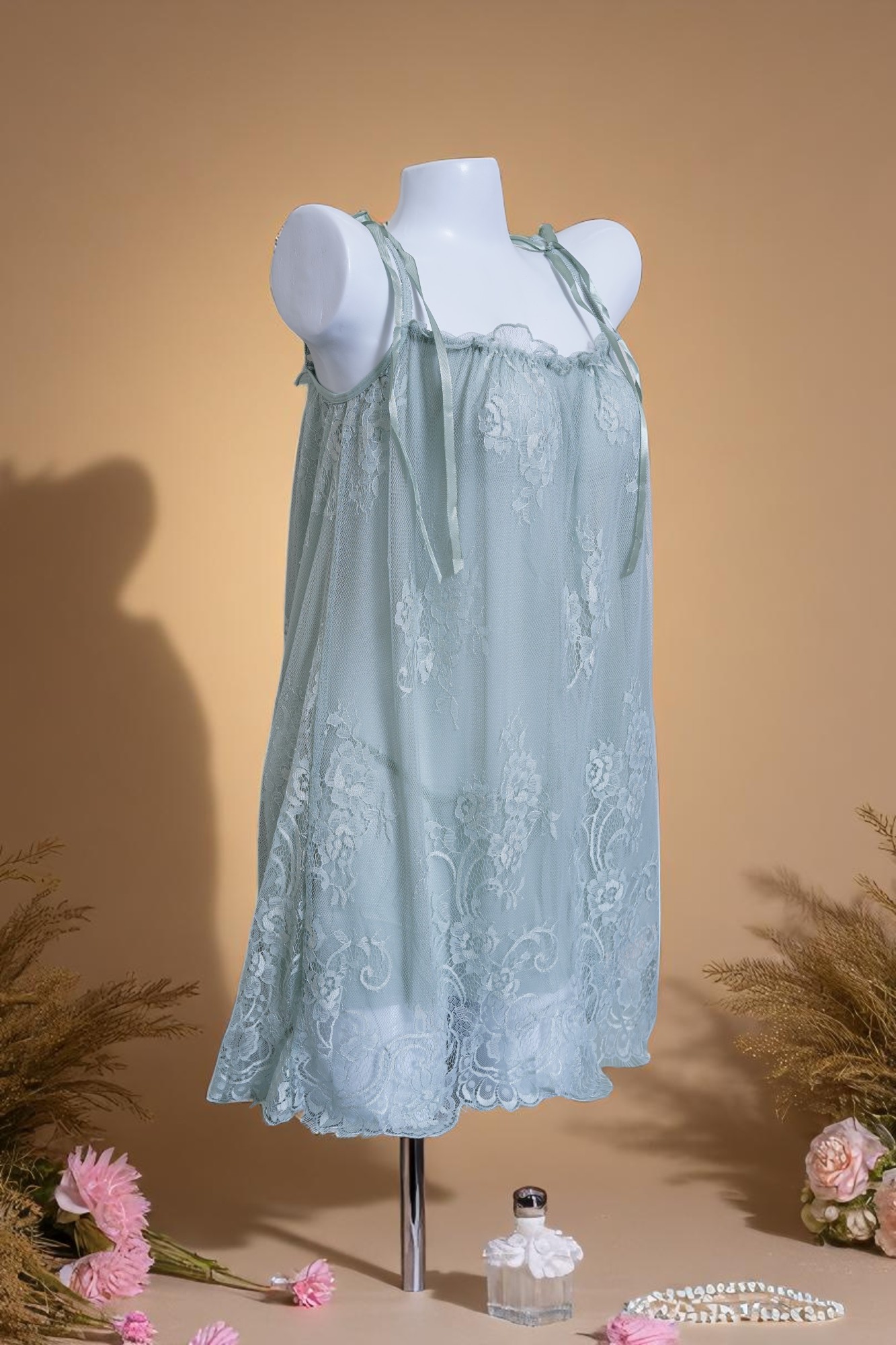Sheer Mint Green Lace Babydoll Nightgown with Tie Straps - Image 4