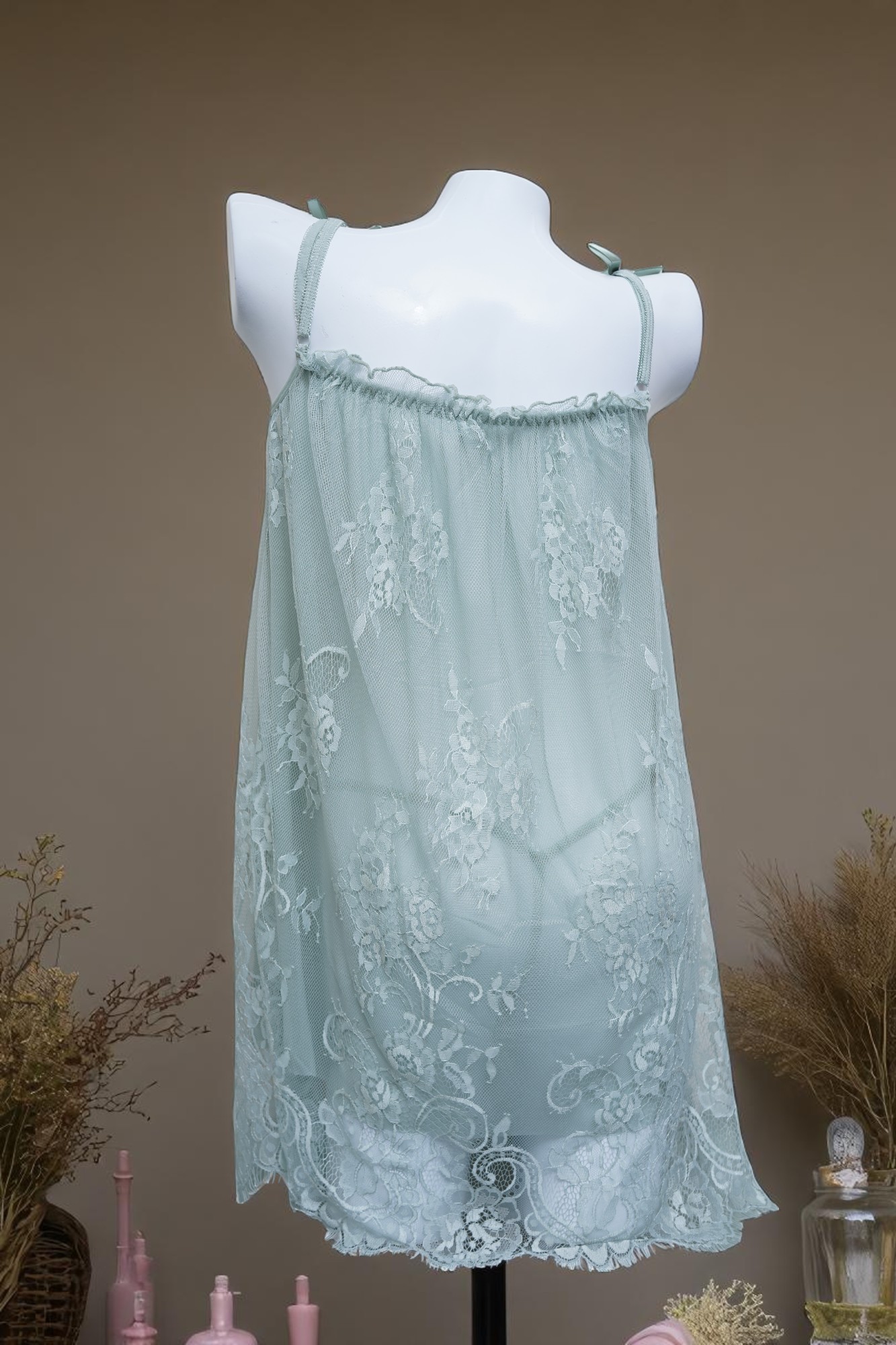 Sheer Mint Green Lace Babydoll Nightgown with Tie Straps - Image 3