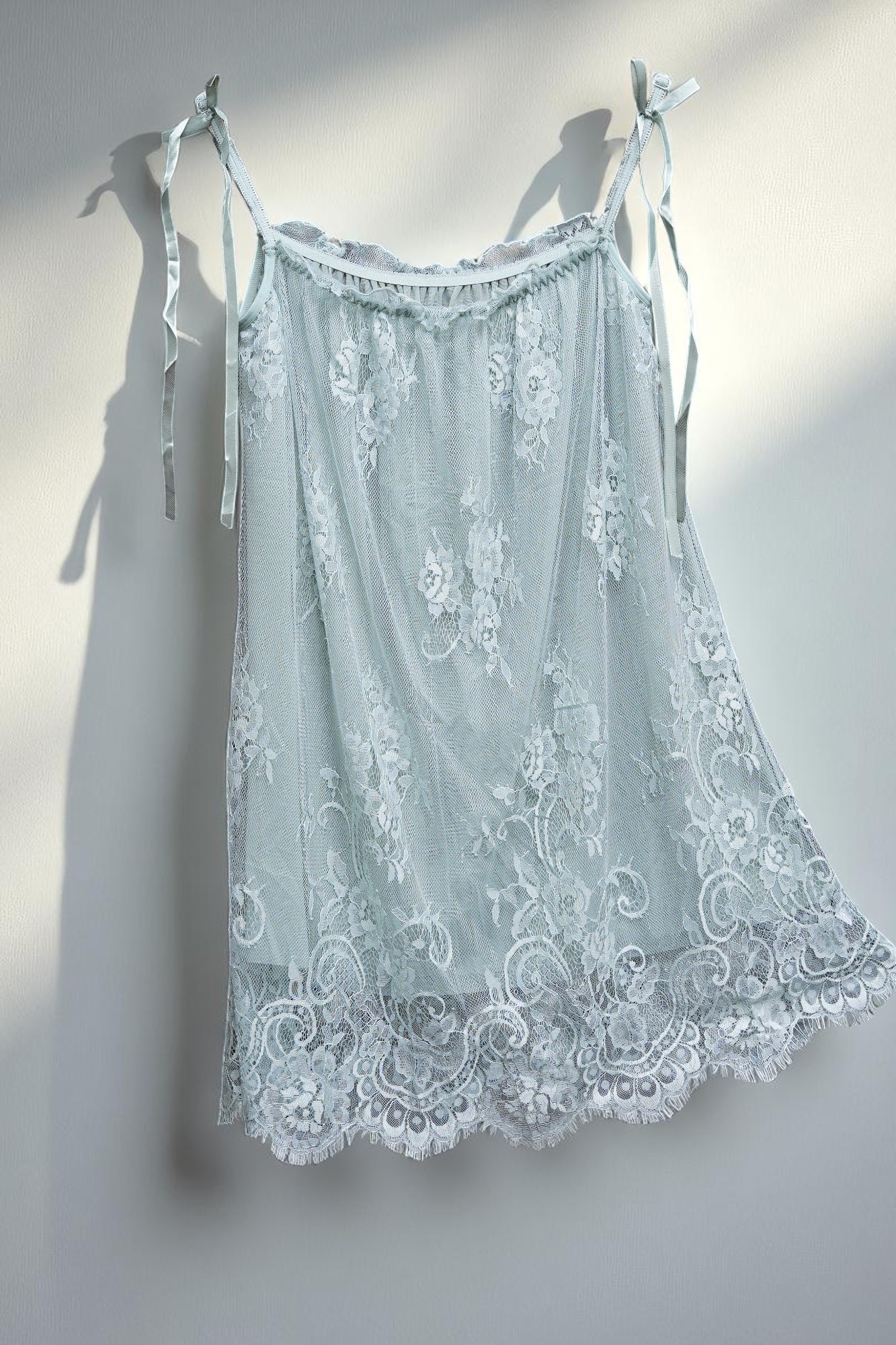 Sheer Mint Green Lace Babydoll Nightgown with Tie Straps - Image 5