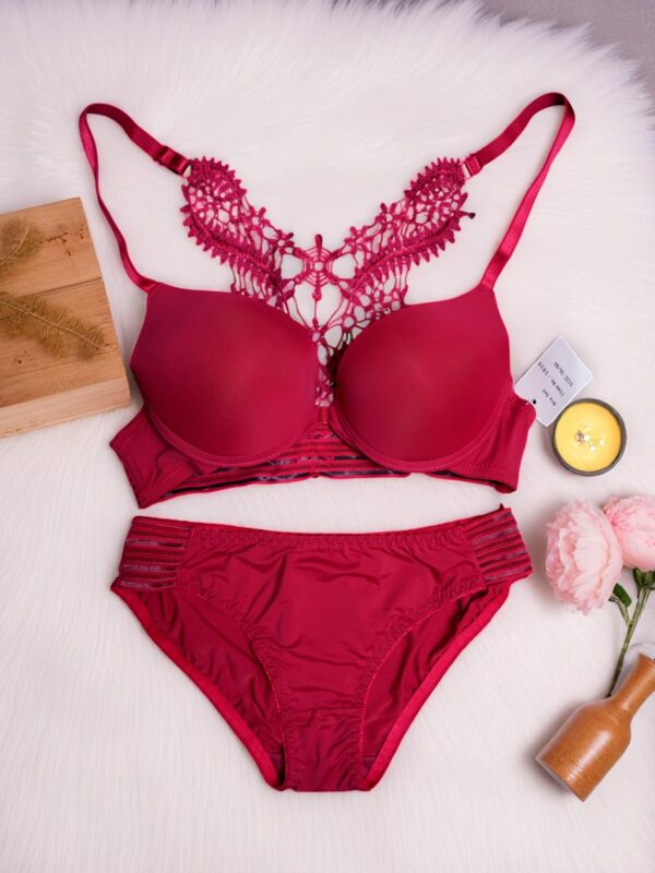 Luxurious Maroon Ornate Lace Back Bra Set