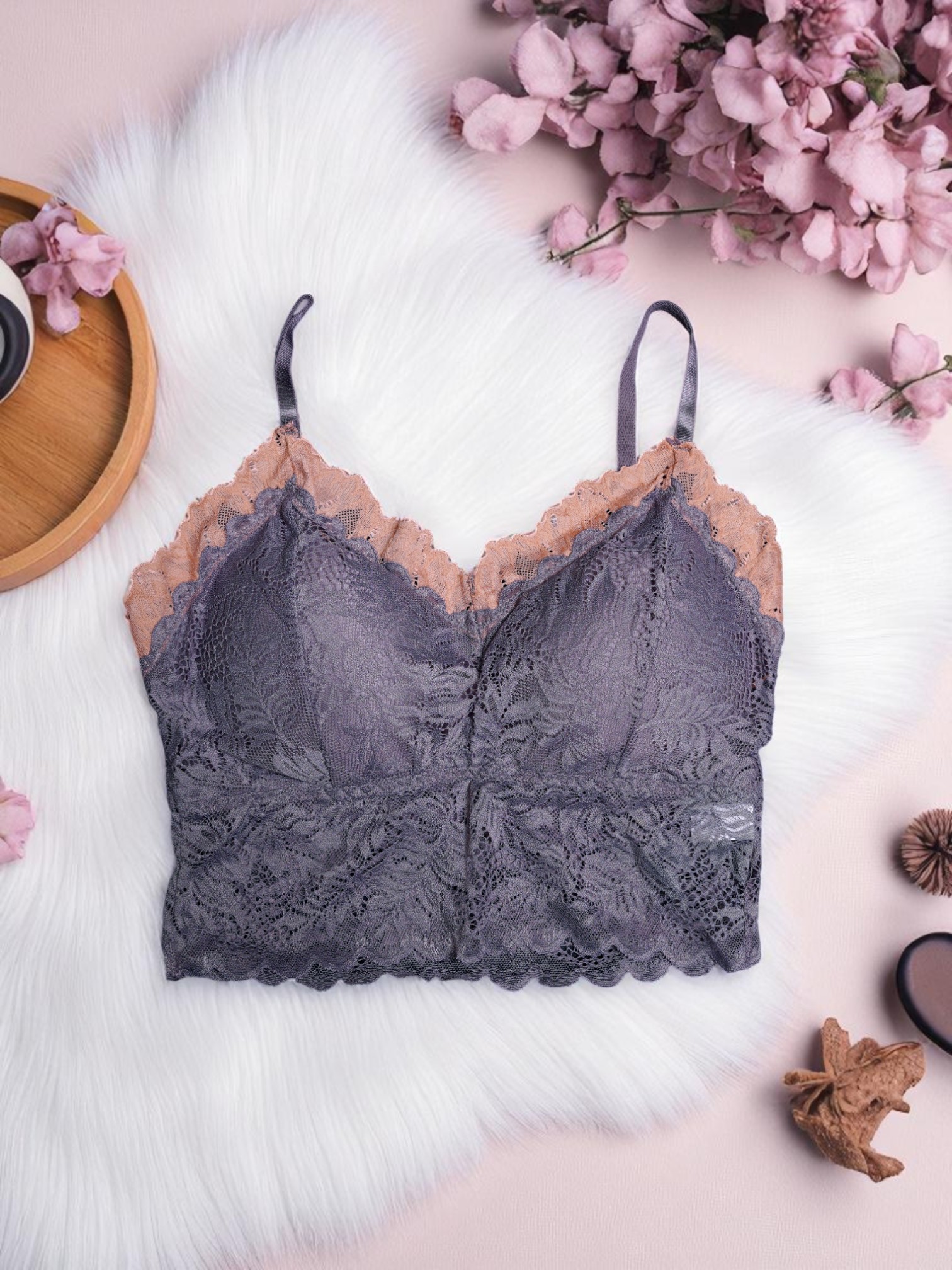 Purplish-Grey & Beige Dual-Tone Lace Bralette