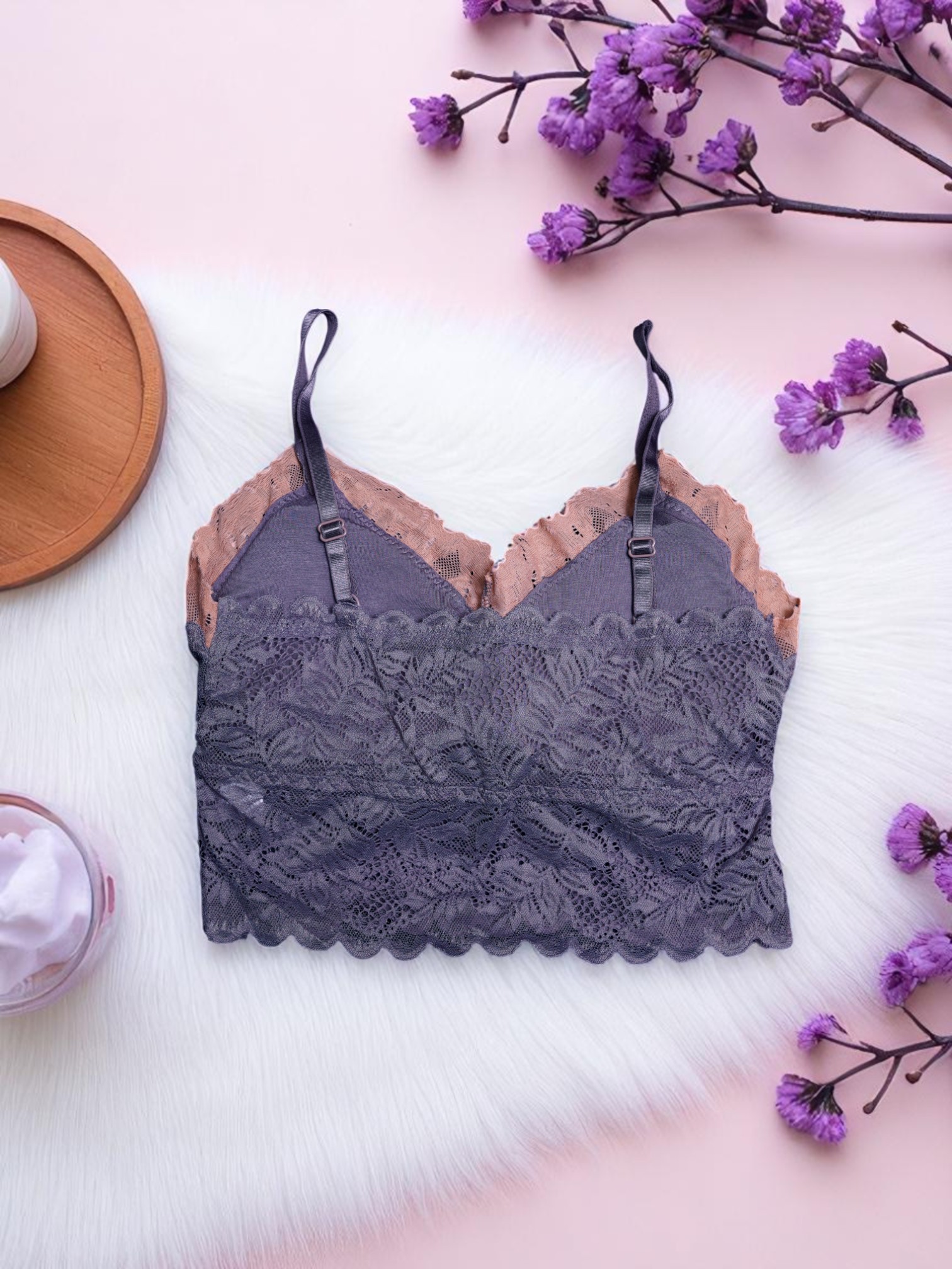 Purplish-Grey & Beige Dual-Tone Lace Bralette - Image 3