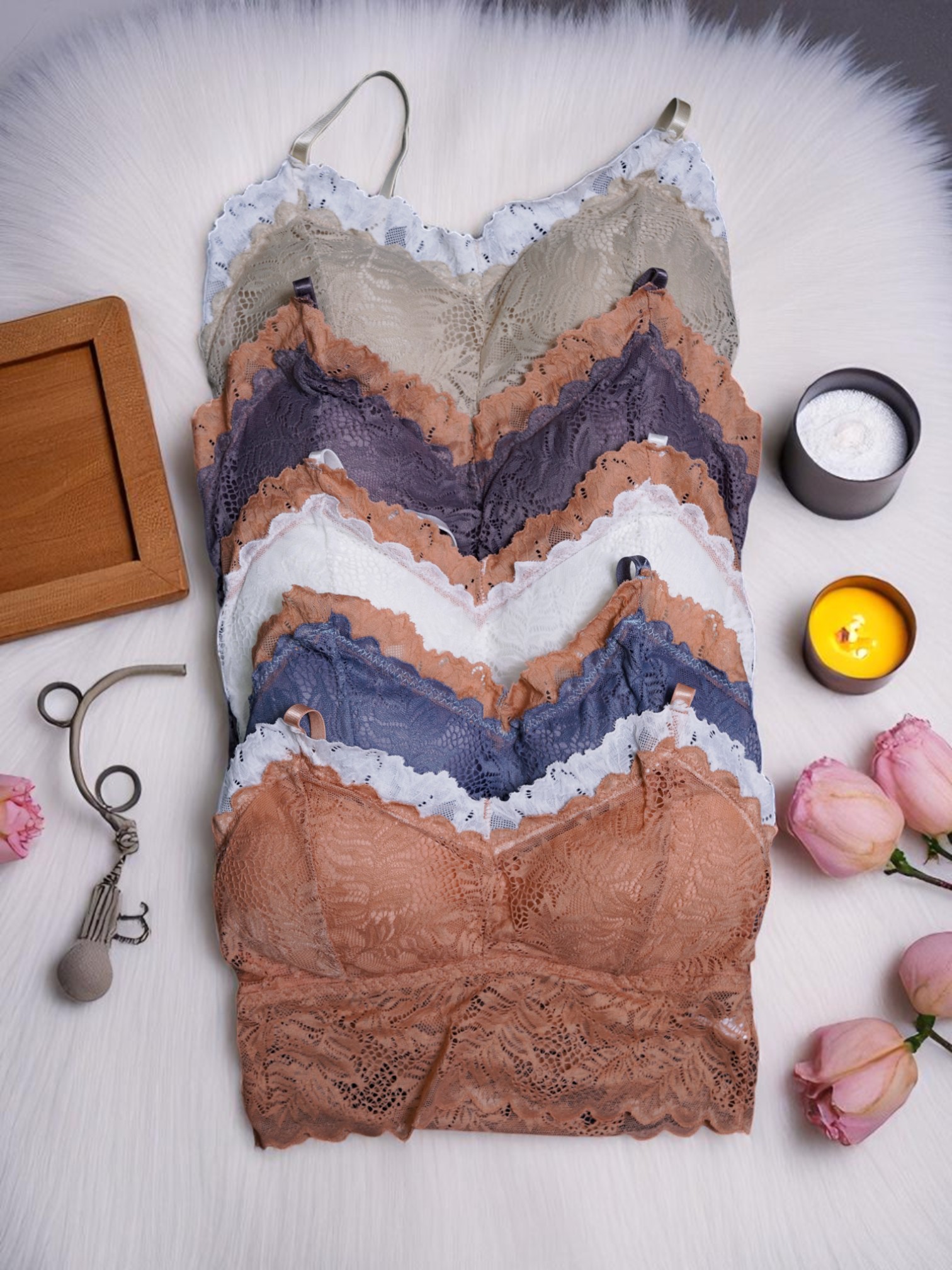 Purplish-Grey & Beige Dual-Tone Lace Bralette - Image 4