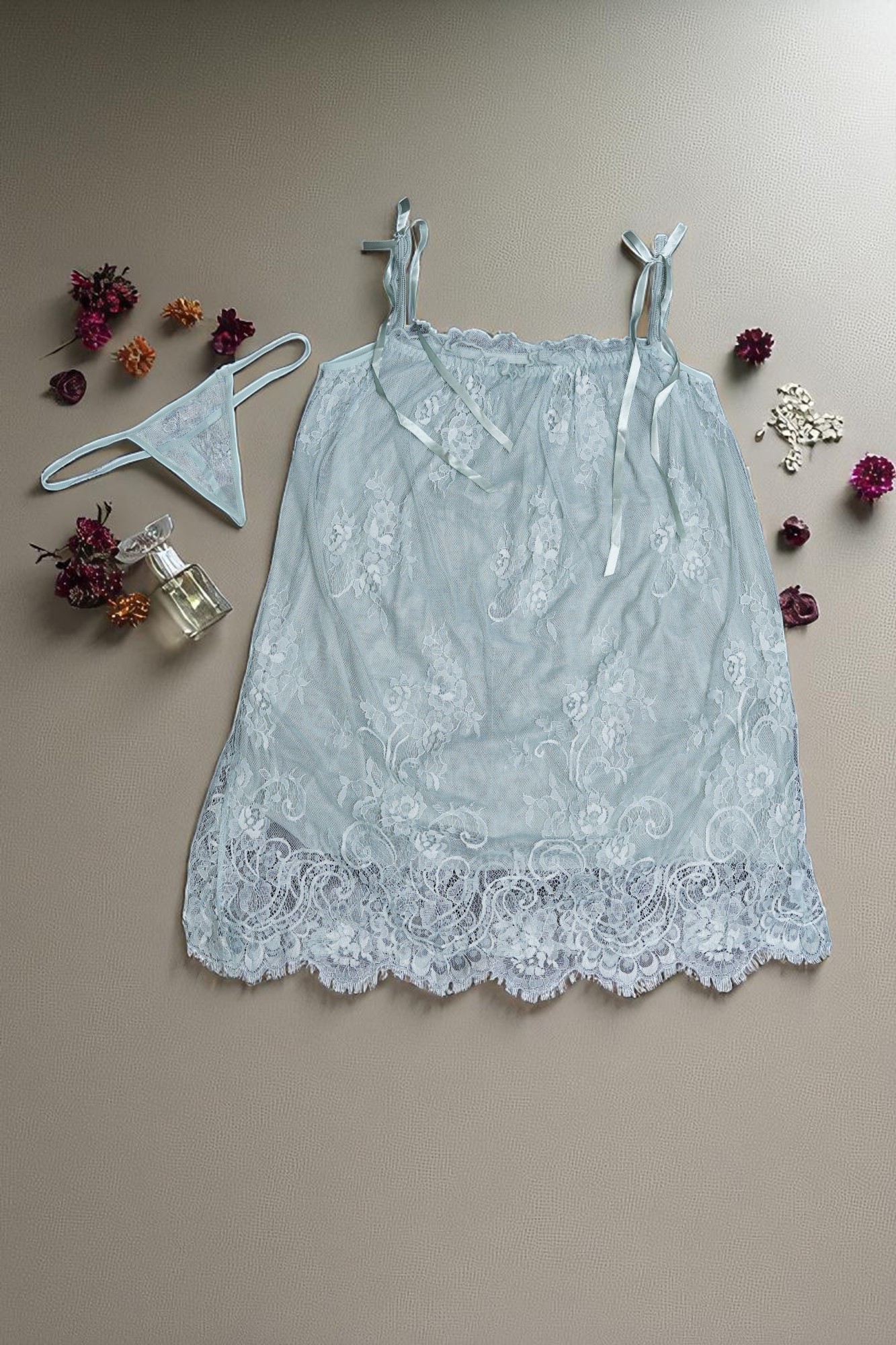 Sheer Mint Green Lace Babydoll Nightgown with Tie Straps - Image 6