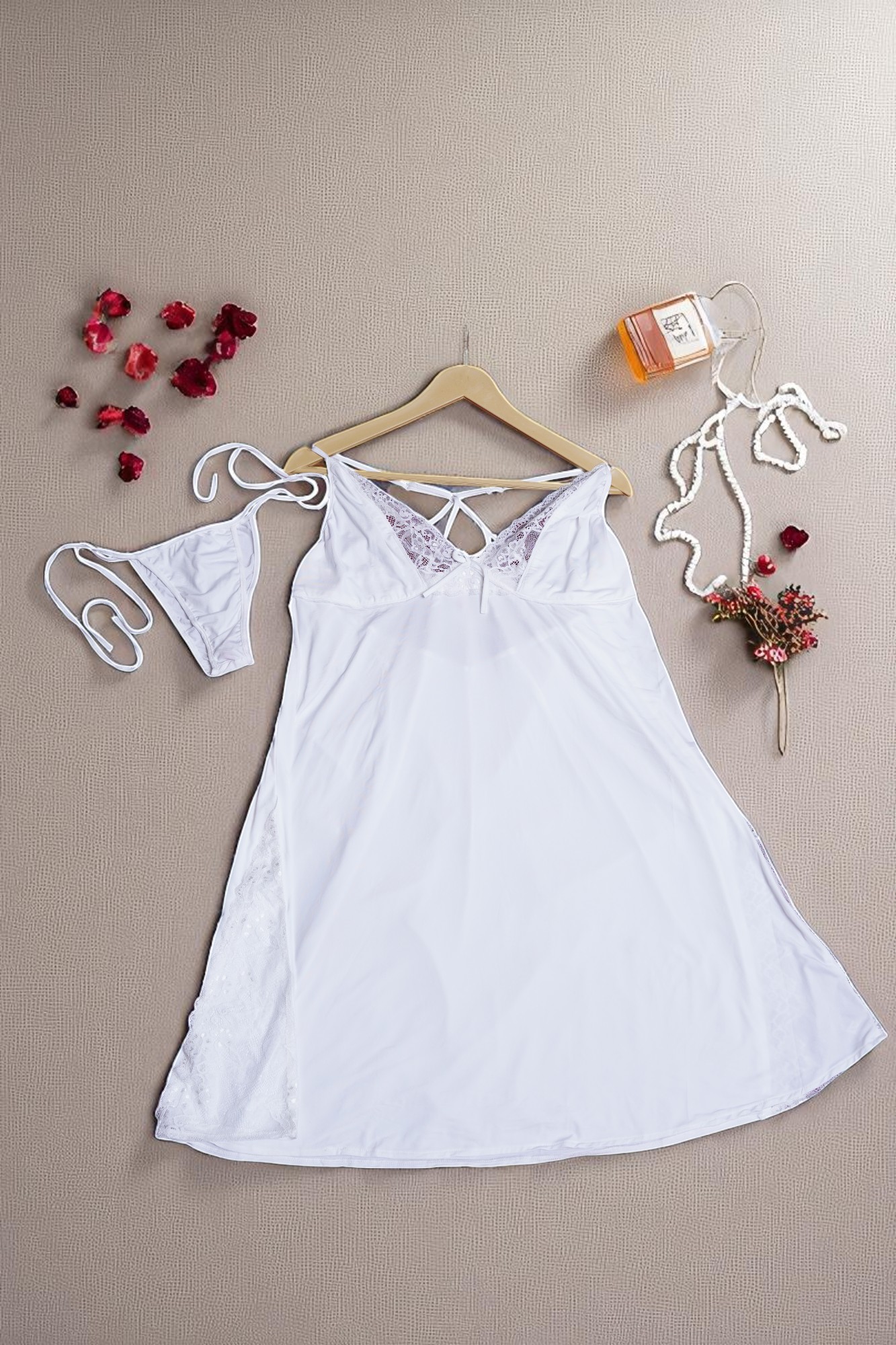 Soft White Lace-Trimmed Babydoll & Thong Lingerie Set - Image 2