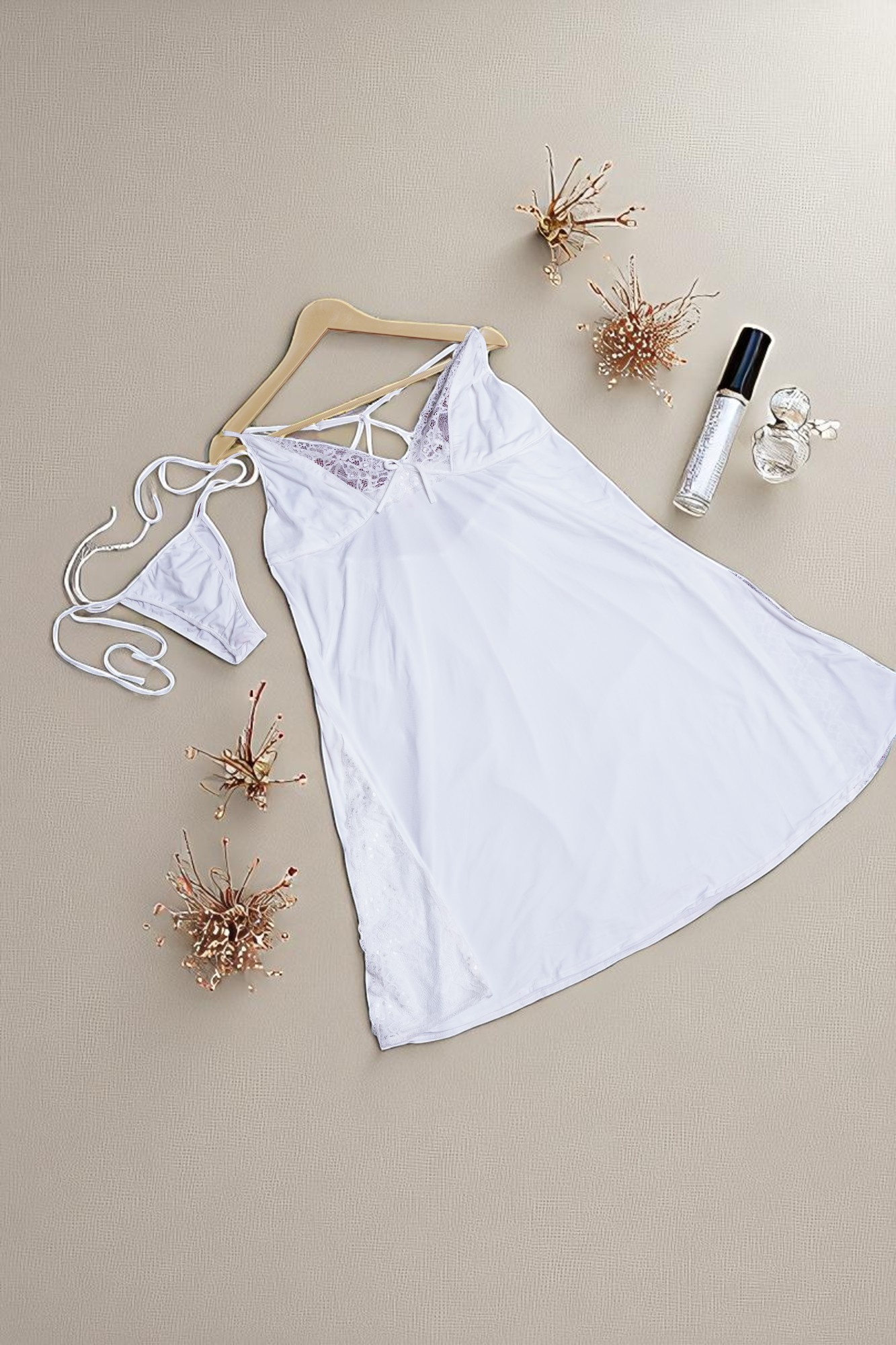 Soft White Lace-Trimmed Babydoll & Thong Lingerie Set - Image 4