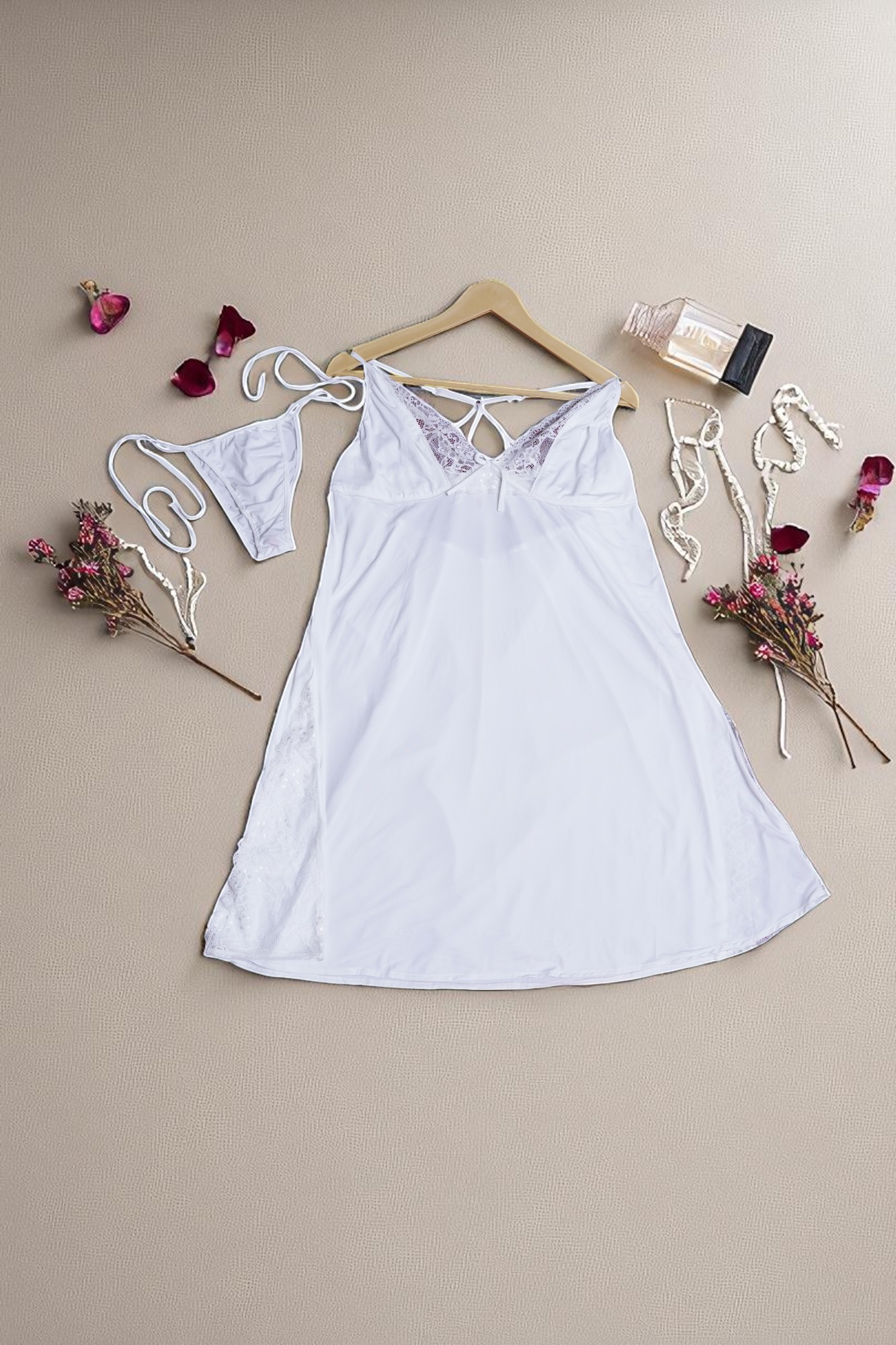 Soft White Lace-Trimmed Babydoll & Thong Lingerie Set - Image 3