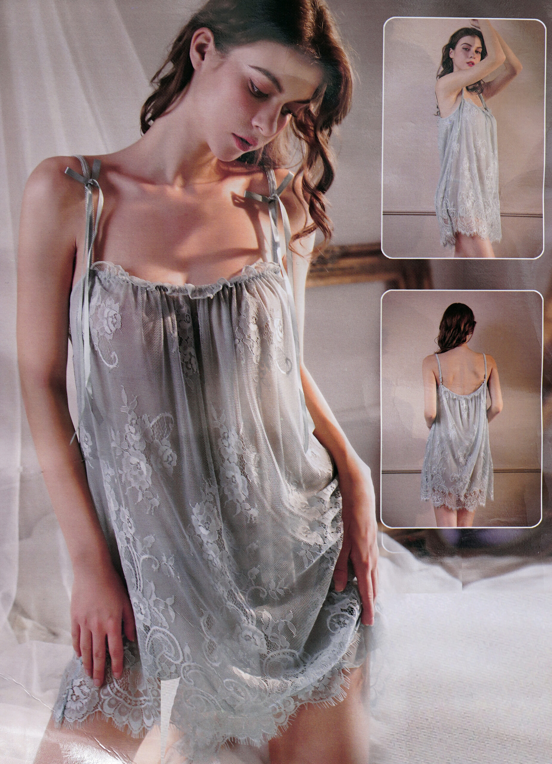 Sheer Mint Green Lace Babydoll Nightgown with Tie Straps