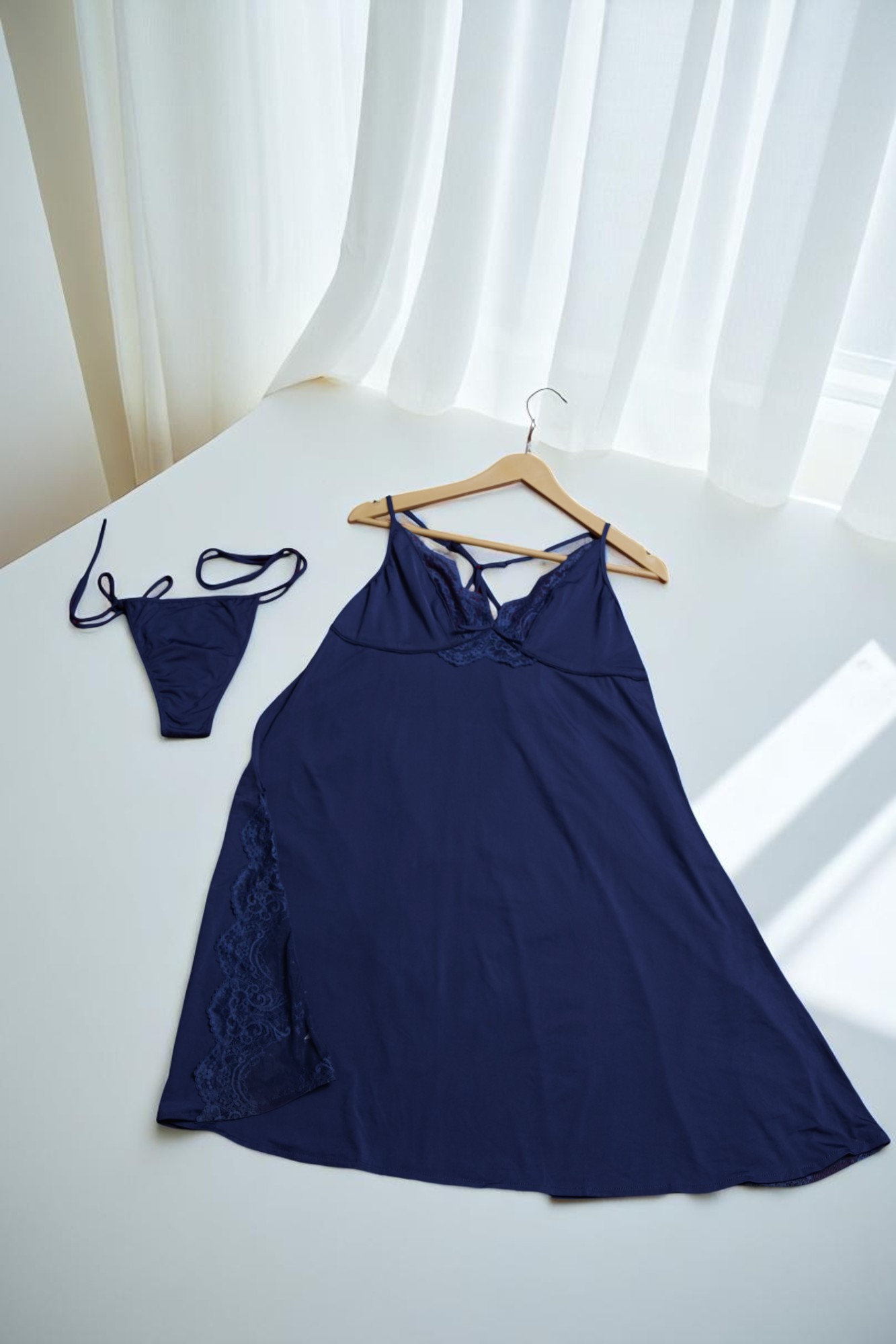 Alluring Blue Lace-Trimmed Babydoll & Thong Lingerie Set - Image 2