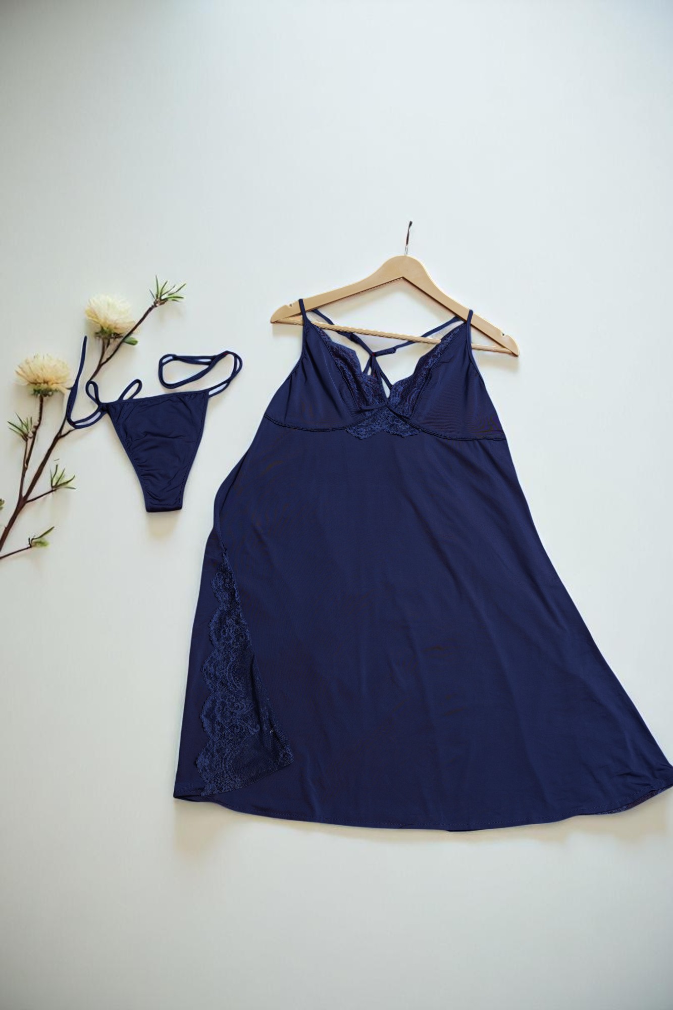 Alluring Blue Lace-Trimmed Babydoll & Thong Lingerie Set - Image 4