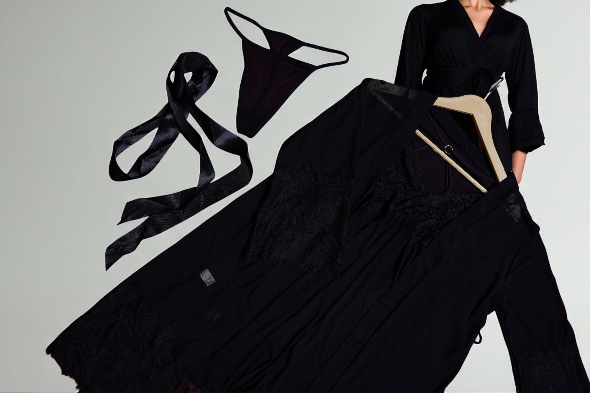 Luxurious Black 4-Piece Lace Lingerie & Robe Set - Image 4