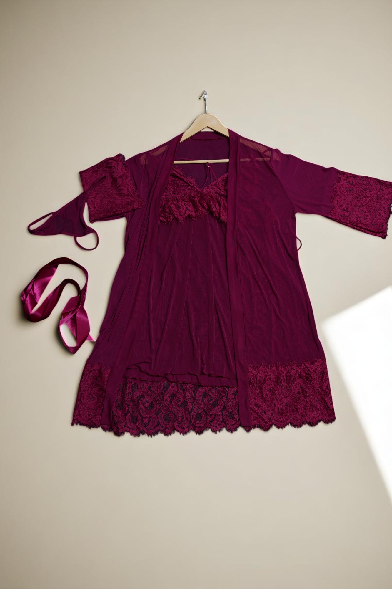 Luxurious Burgundy 4-Piece Lace Lingerie & Robe Set - Image 2