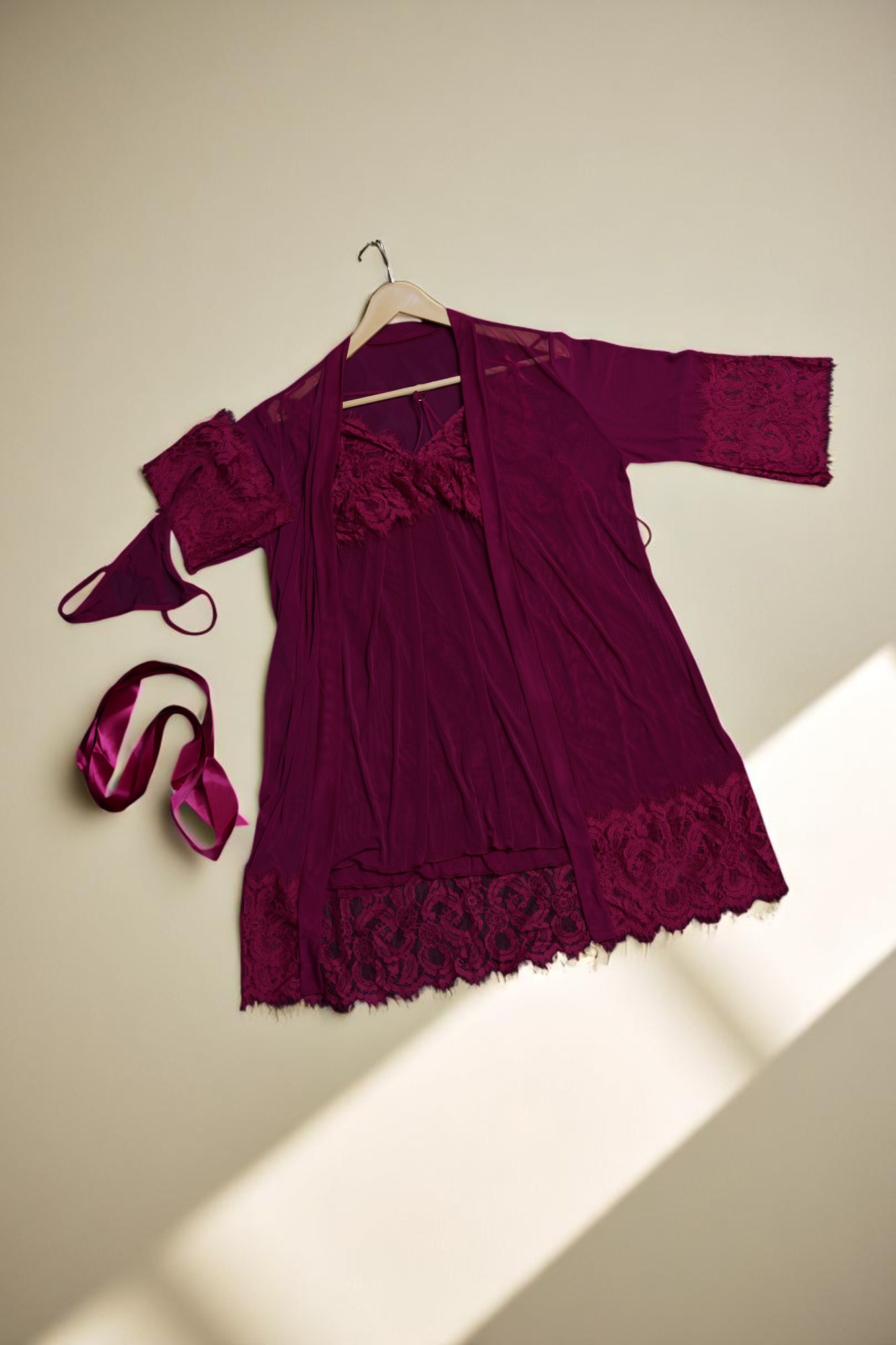 Luxurious Burgundy 4-Piece Lace Lingerie & Robe Set - Image 4