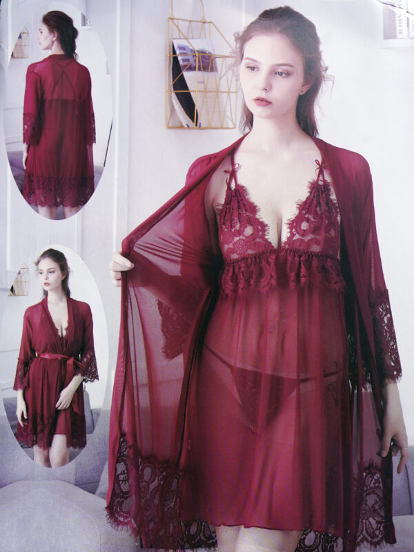 Luxurious Burgundy 4-Piece Lace Lingerie & Robe Set