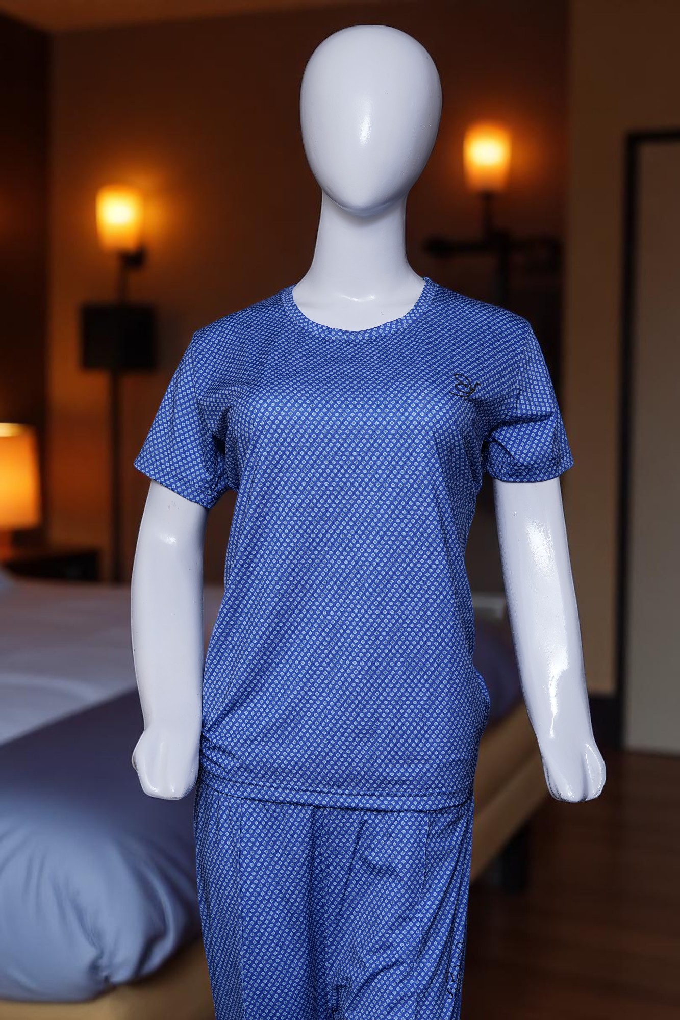 Royal Blue Micro-Geometric Print Comfort Pajama Set - Image 2