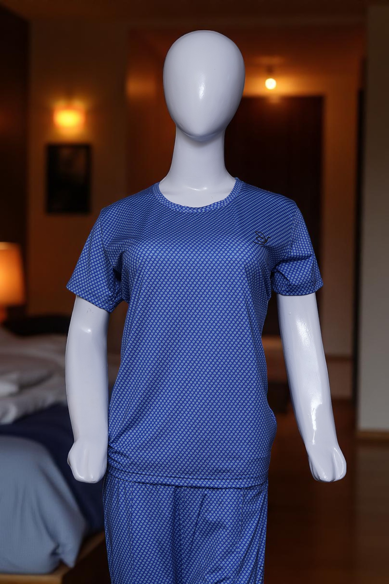 Royal Blue Micro-Geometric Print Comfort Pajama Set - Image 4