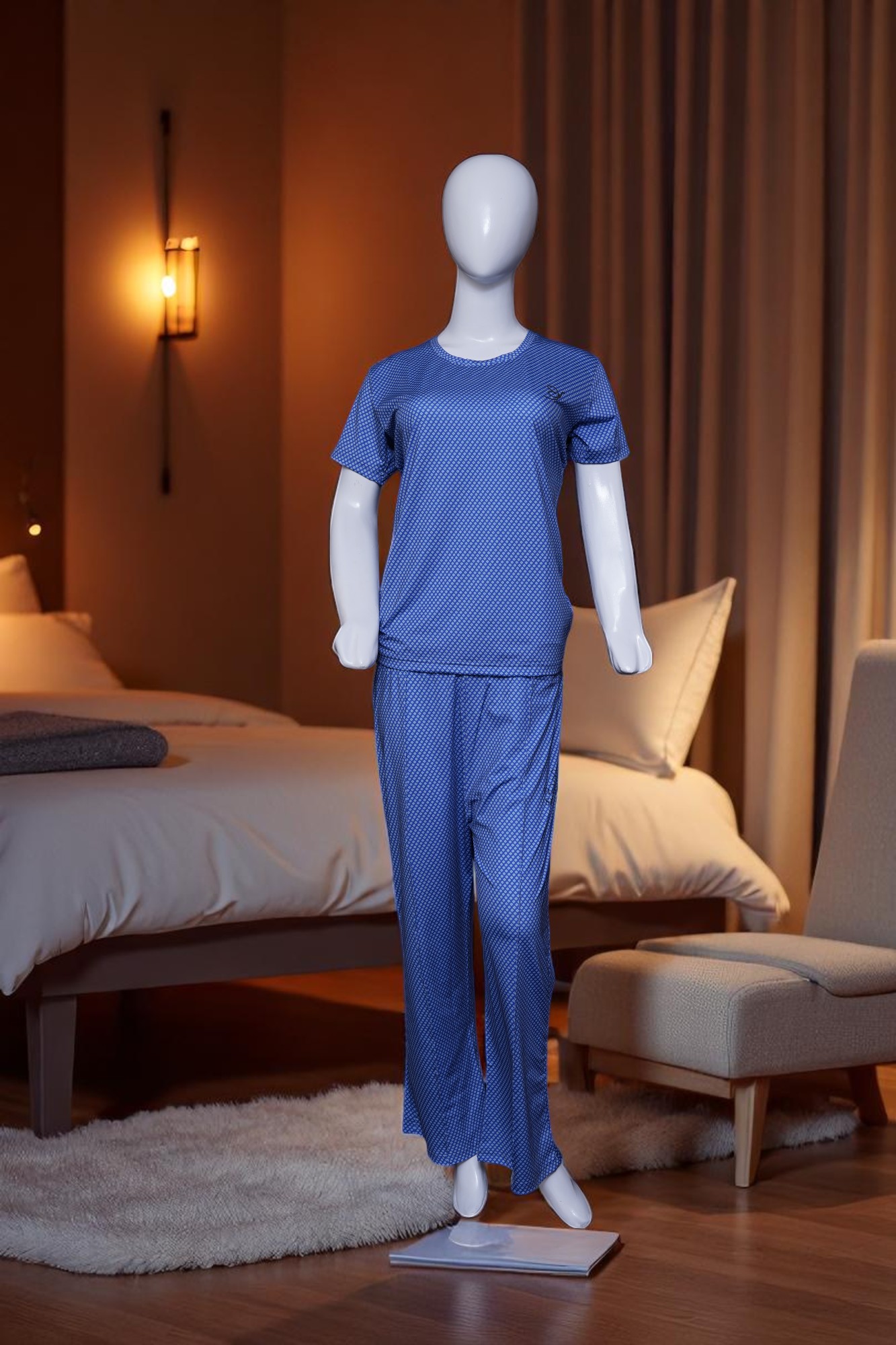 Royal Blue Micro-Geometric Print Comfort Pajama Set