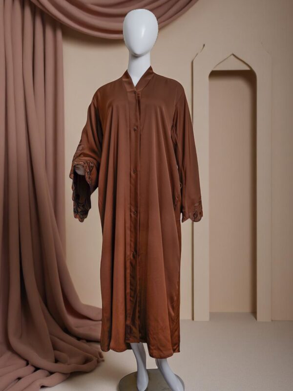 Elegant Brown Flowy Abaya with Embroidered Sleeve