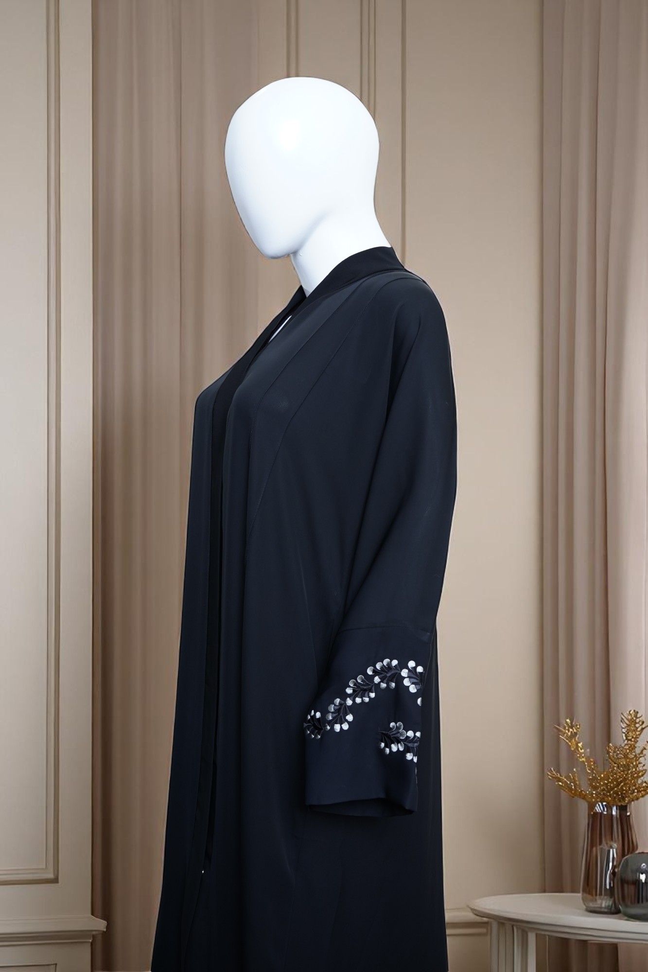 Elegant Navy Blue Embroidered Sleeve Abaya - Image 2