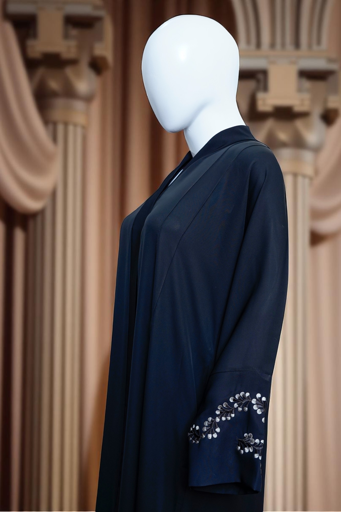 Elegant Navy Blue Embroidered Sleeve Abaya - Image 5