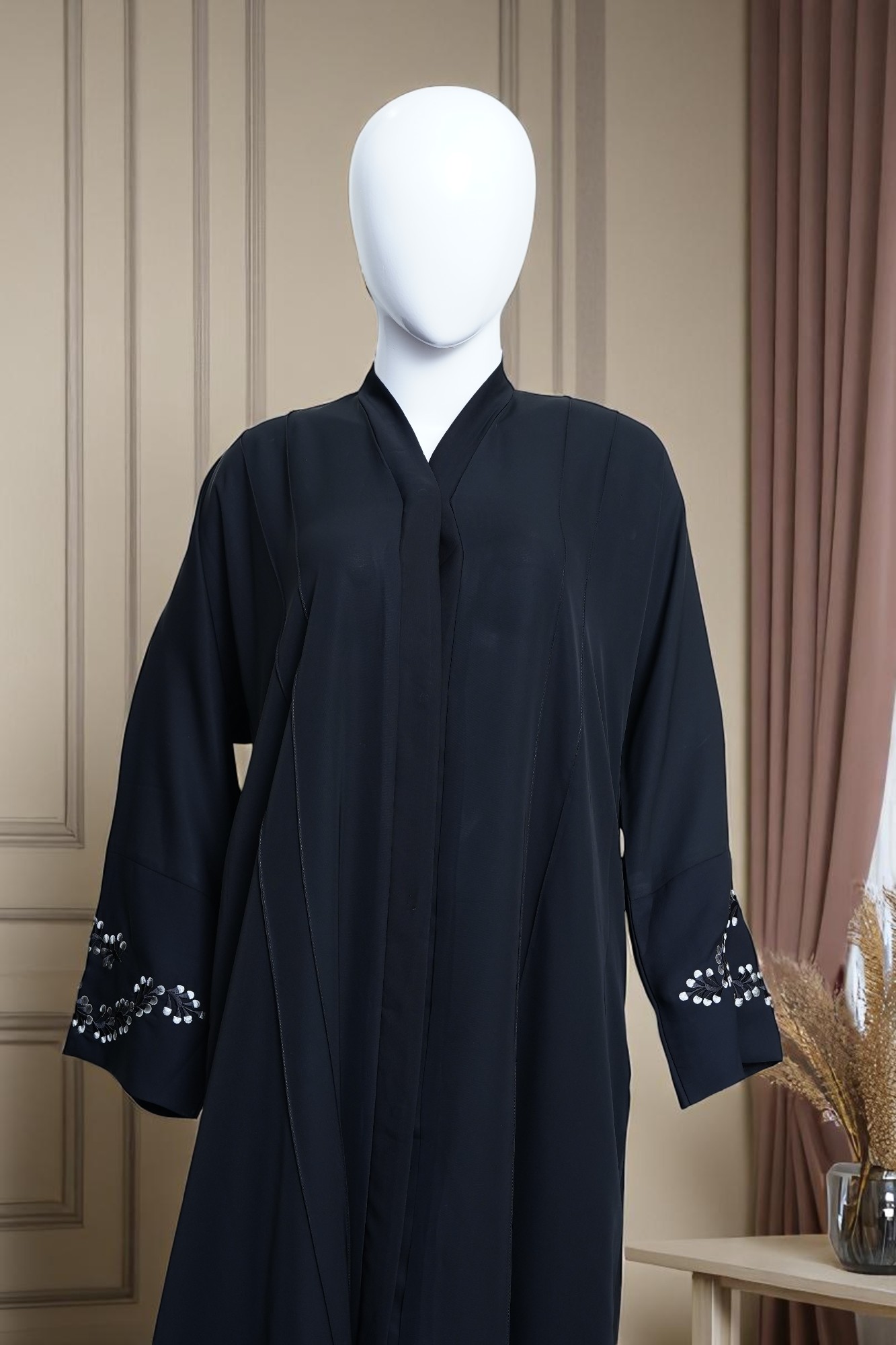 Elegant Navy Blue Embroidered Sleeve Abaya - Image 4