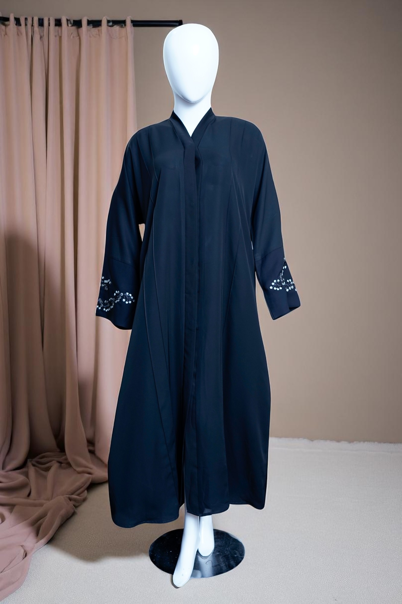 Elegant Navy Blue Embroidered Sleeve Abaya
